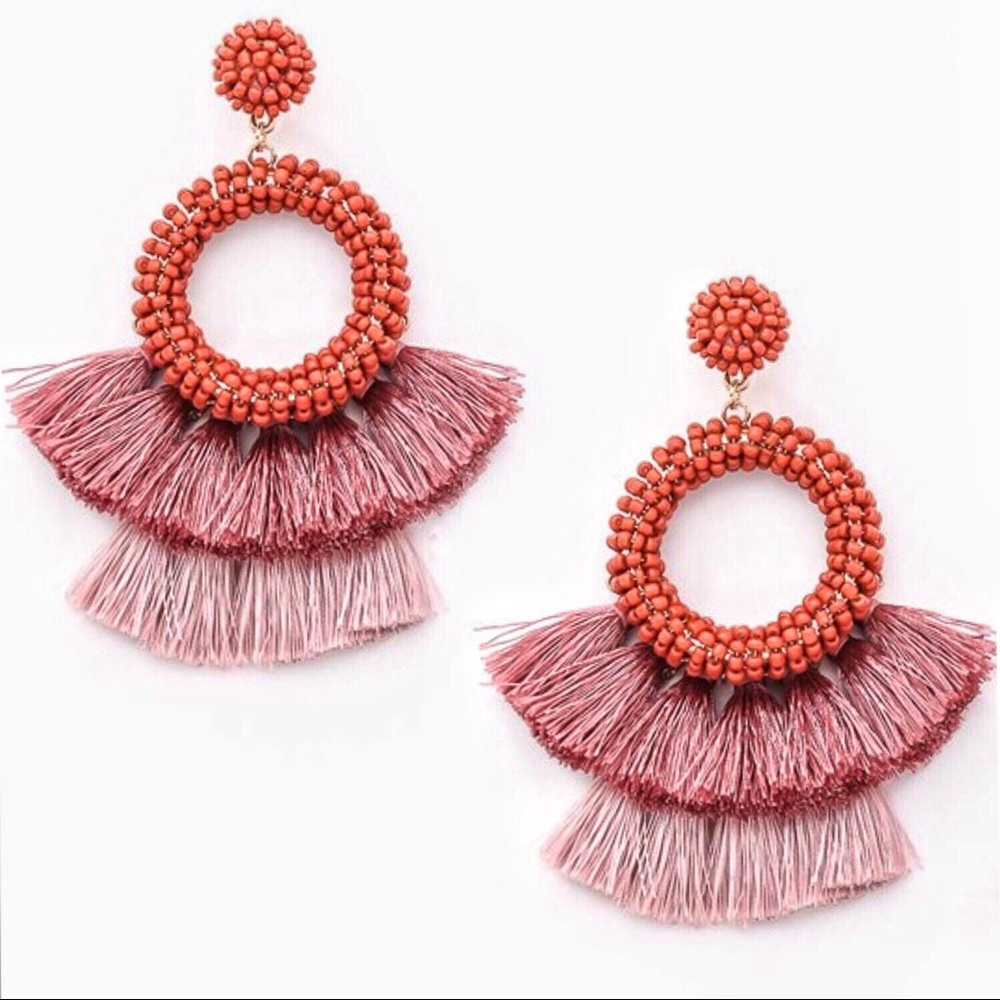 Red Beaded Hoop Fan Fringe Dangle Earrings Tassel - Picture 2 of 4